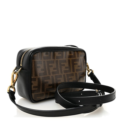 Fendi Glazed Fabric Vitello Century FF 1974 Stamp Patch Mini Camera Case Mogano Panna Black 3 of 11