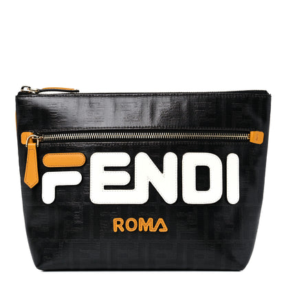Fendi X FILA Glazed Fabric Vitello Century FF 1974 Mania Pouch Mogano Panna White Black 1 of 13