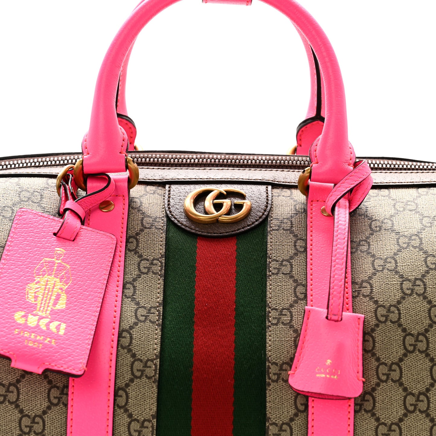 GG Supreme Monogram Textured Dollar Calfskin Web Medium Savoy Duffle Bag Beige Ebony Fluorescent Fuchsia