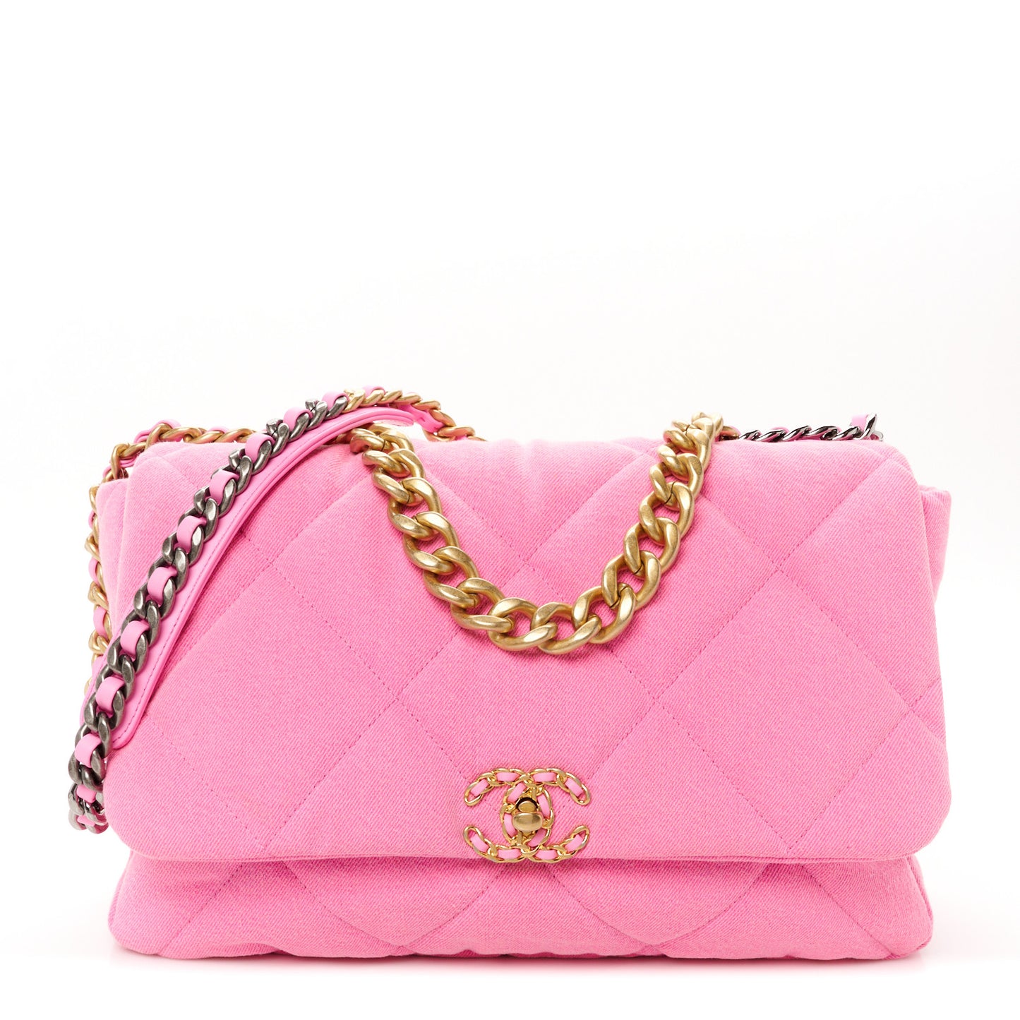 Denim Quilted Maxi Chanel 19 Flap Neon Pink