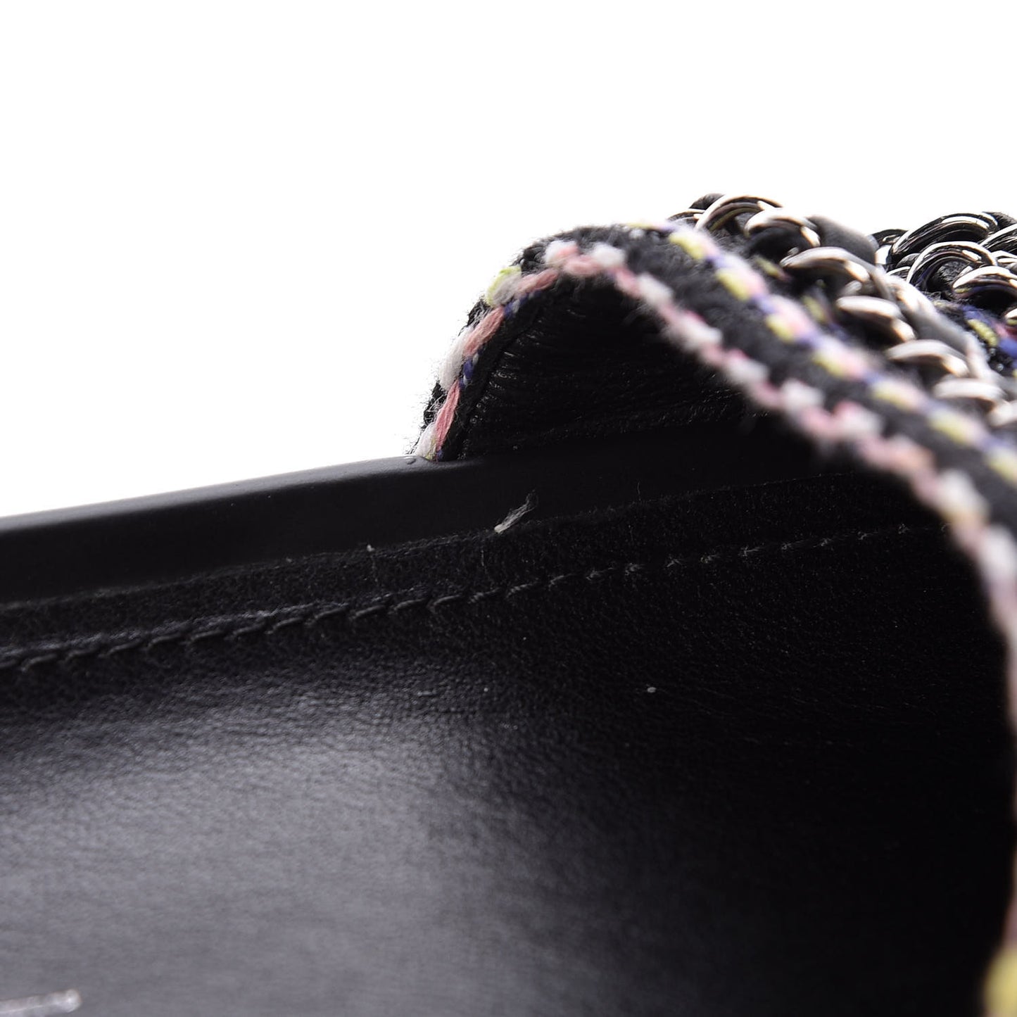 Tweed Lambskin Chain Flat Sandals 37 Black Multicolor