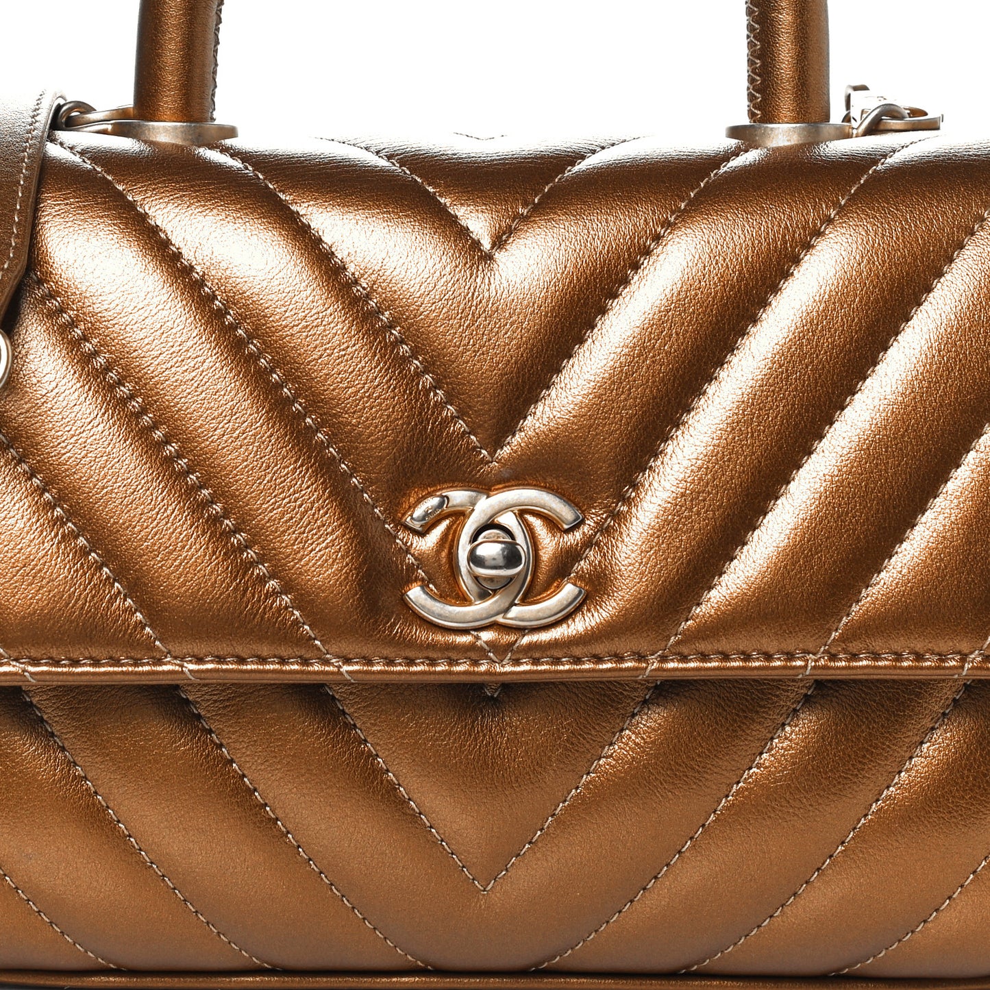 Metallic Calfskin Chevron Quilted Mini Coco Handle Flap Gold