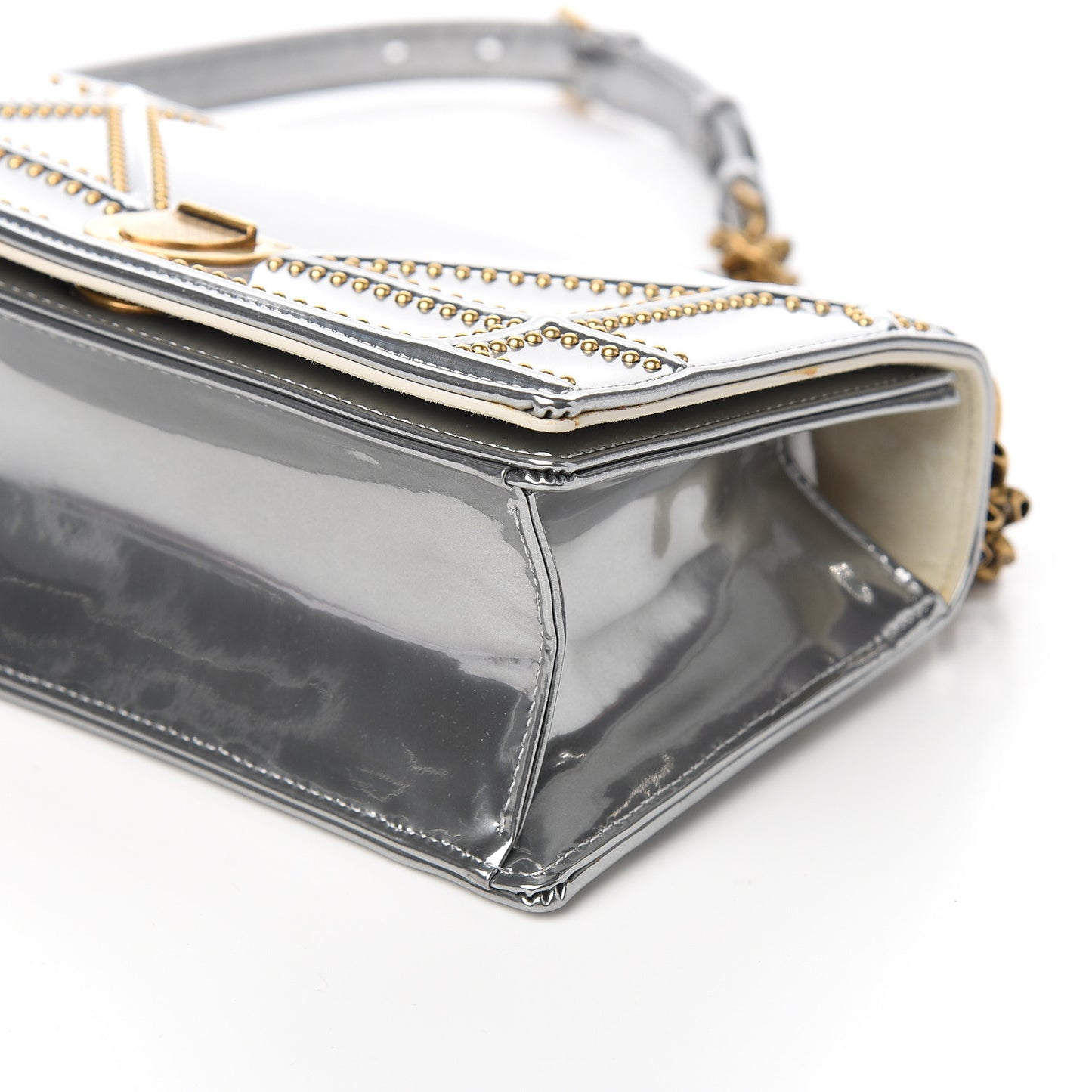 Metallic Patent Studded Small Diorama Flap Bag Silver