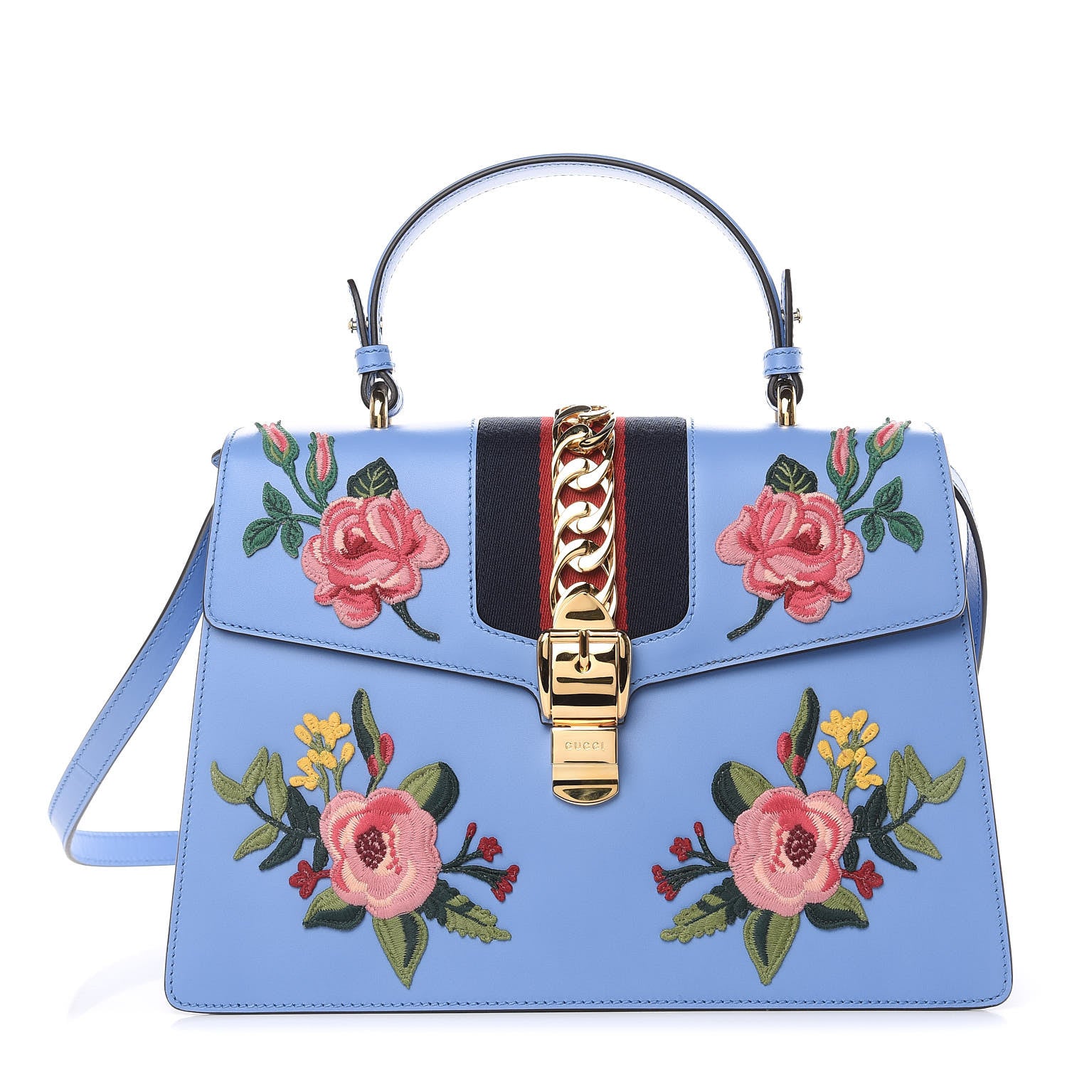 Gucci Calfskin Embroidered Medium Sylvie Top Handle Bag Clear Sky Blue 1 of 10