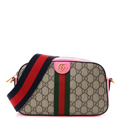Gucci GG Supreme Monogram Textured Dollar Calfskin Web Ophidia Small Crossbody Bag Beige Ebony Fuchsia 1 of 10