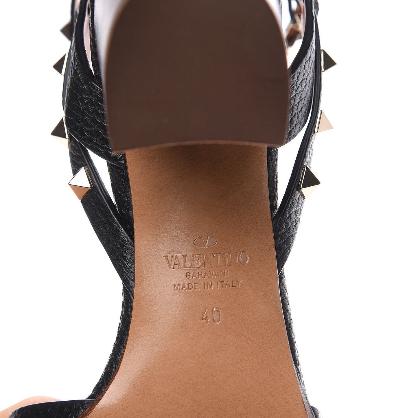 Pebbled Calfskin Rockstud Ankle Strap 60mm Sandals 40 Black Light Cuir