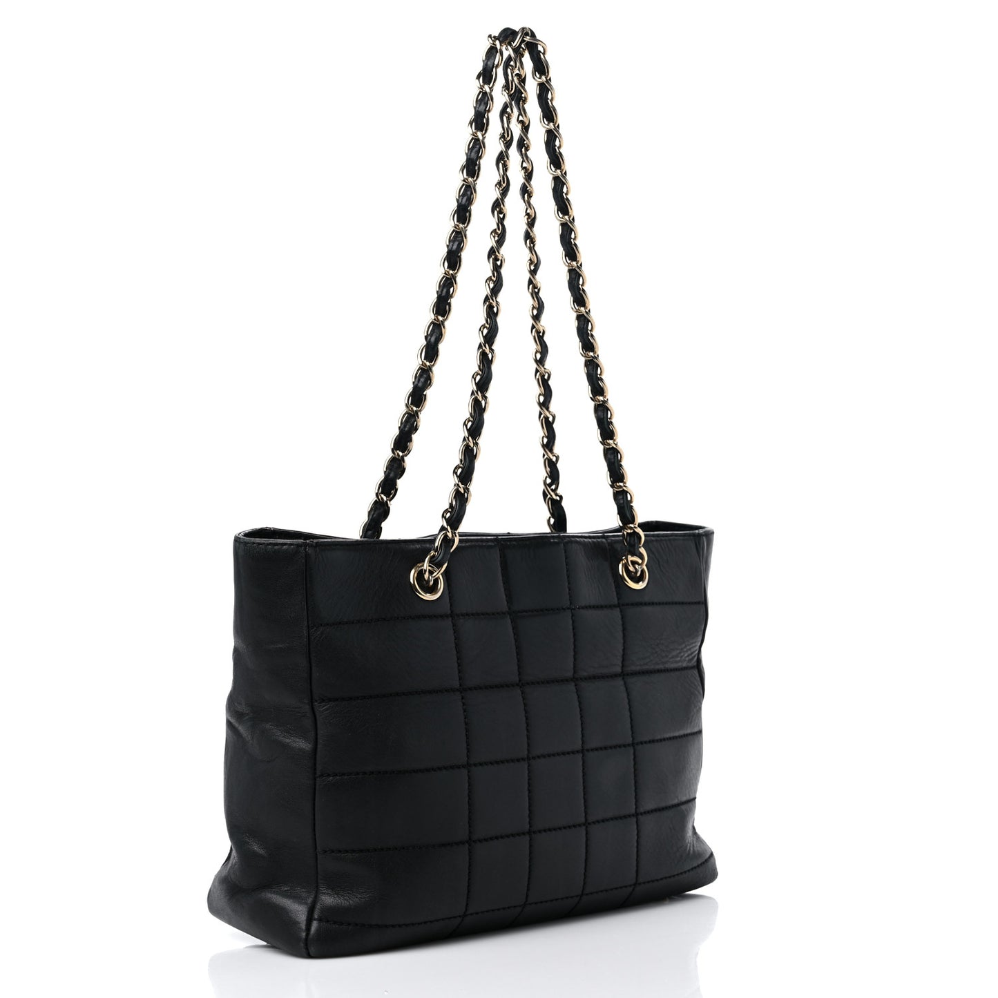 Calfskin Stitched Chocolate Bar Shopping Tote Black