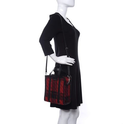 Balenciaga Wool Cuir Arena Plaid Diagonal Allover Logo Matelasse XS Bazar Shopper Tote Red Black 2 of 8
