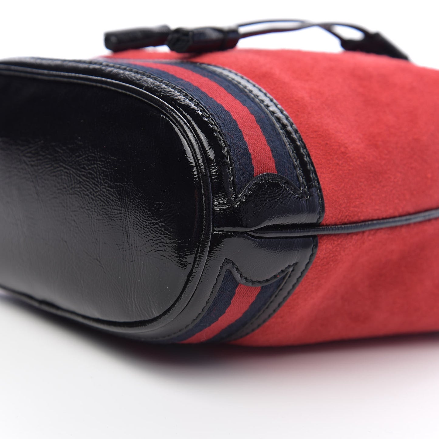Suede Patent Web Small Ophidia Bucket Bag Hibiscus Red Black