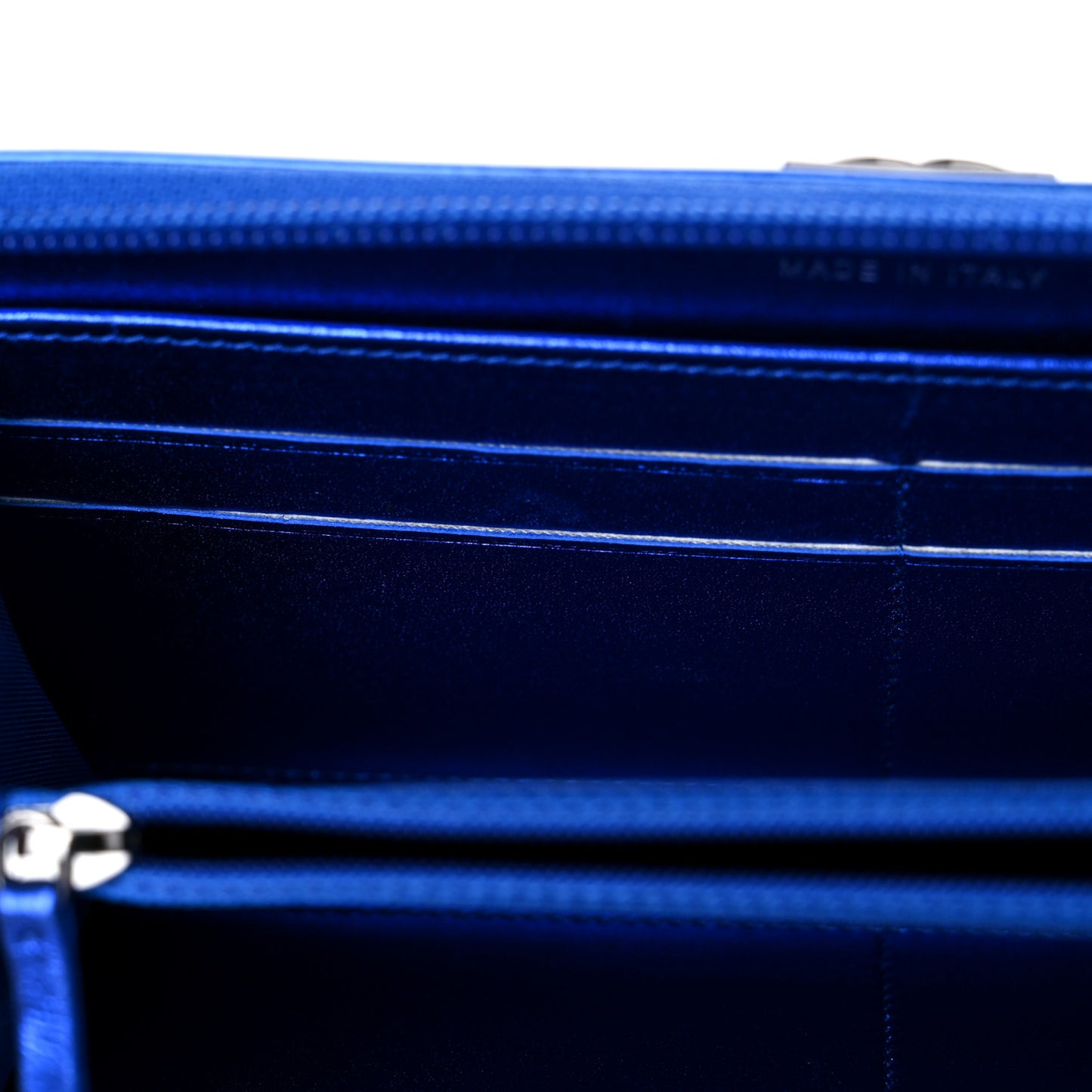 Metallic Patent Calfskin Quilted Boy L-Gusset Zip Wallet Blue
