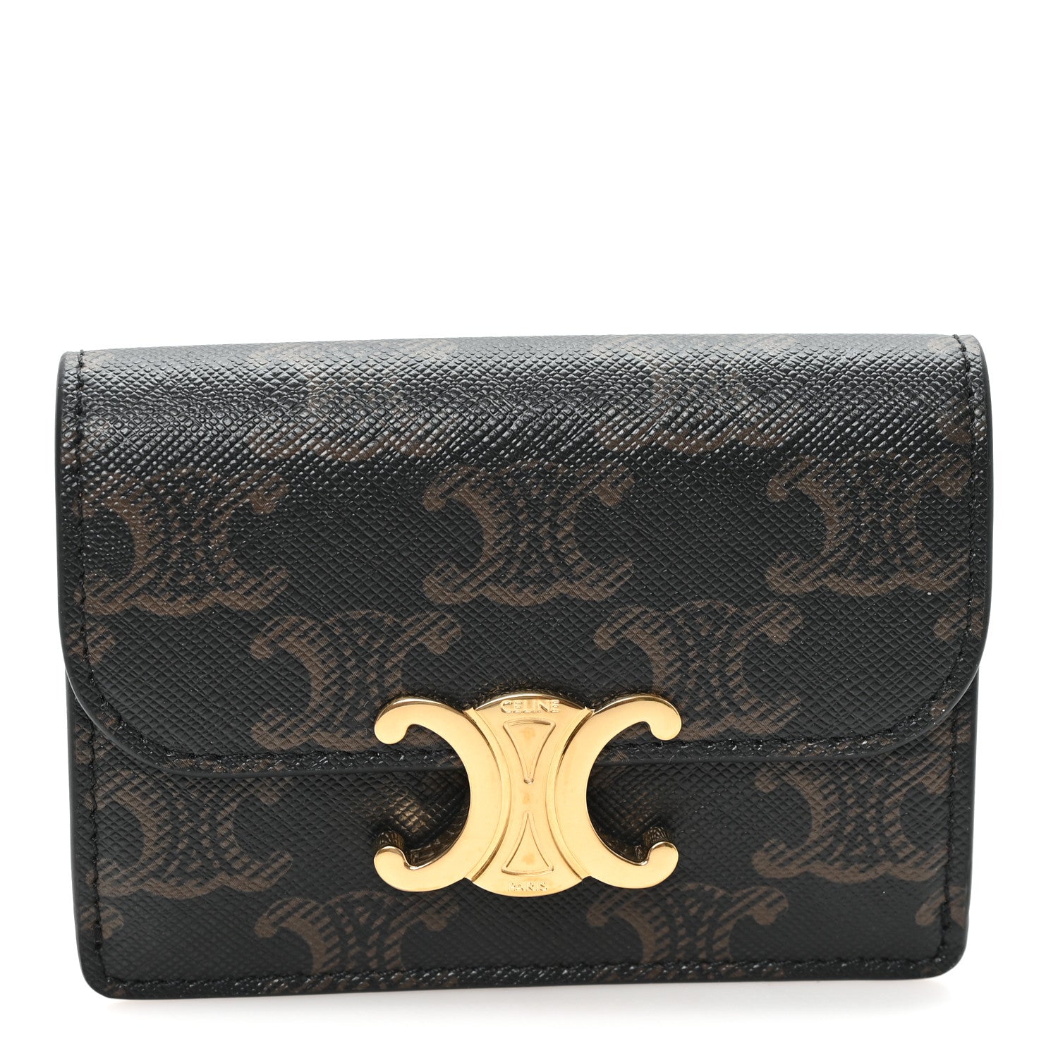 Celine Triomphe Canvas Calfskin Flap Card Holder Tan 1 of 8