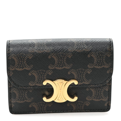 Celine Triomphe Canvas Calfskin Flap Card Holder Tan 1 of 8