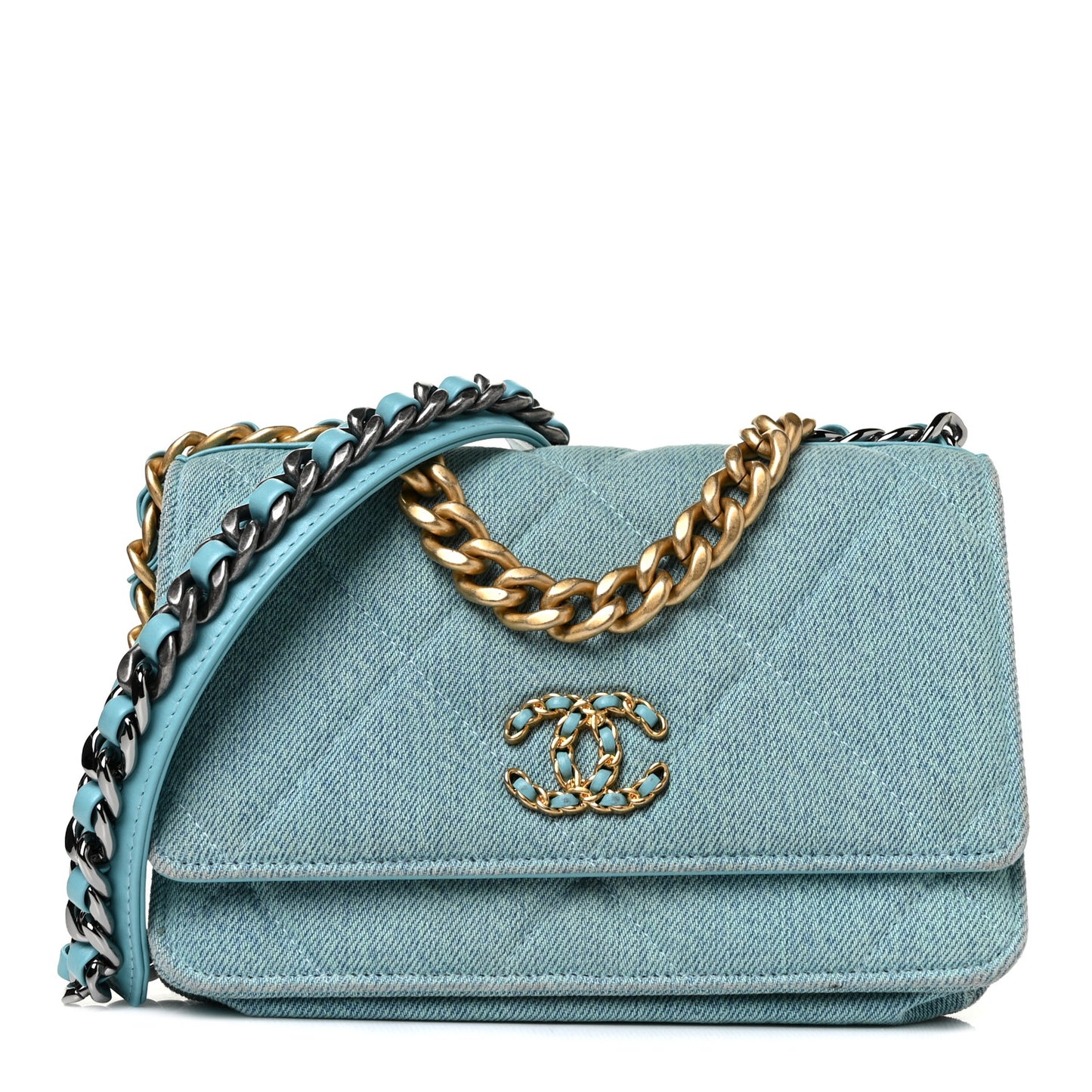 Denim Quilted Chanel 19 Wallet On Chain WOC Neon Blue