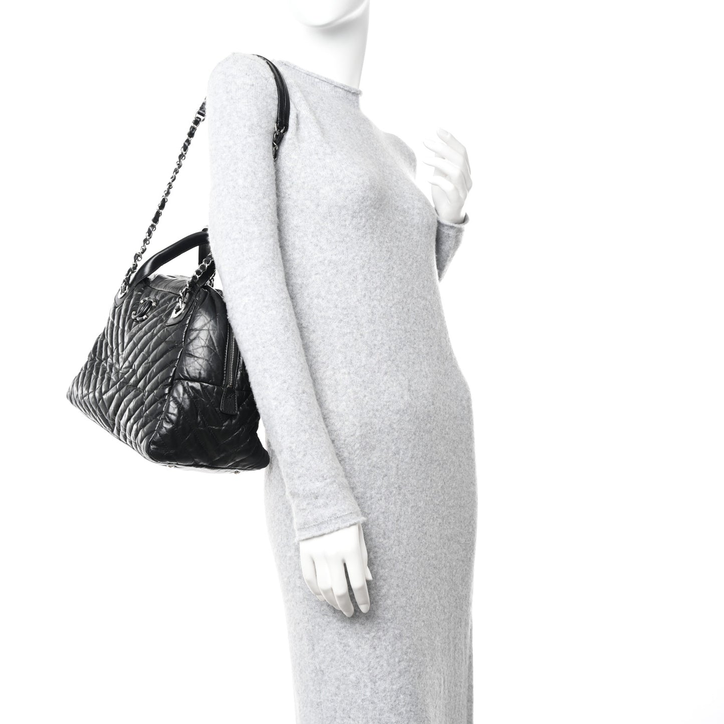 Aged Calfskin Chevron Medium Soft Bowling Bag Black