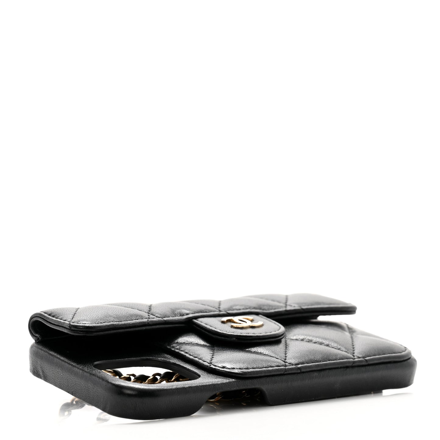 Lambskin Quilted Pearl Crush iPhone XII Pro Holder With Chain Black