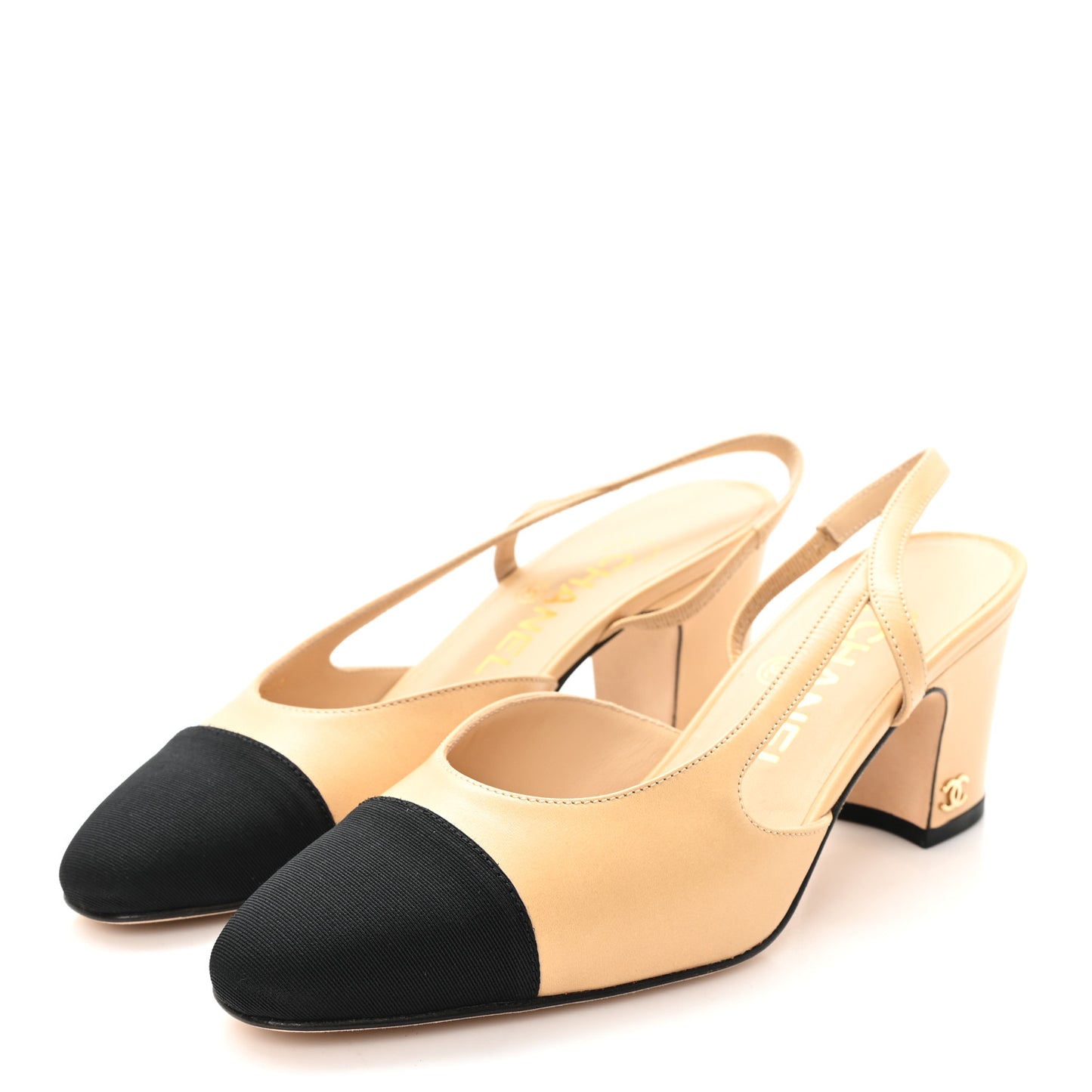 Goatskin Grosgrain Cap Toe CC Slingback Pumps 35 Beige Black