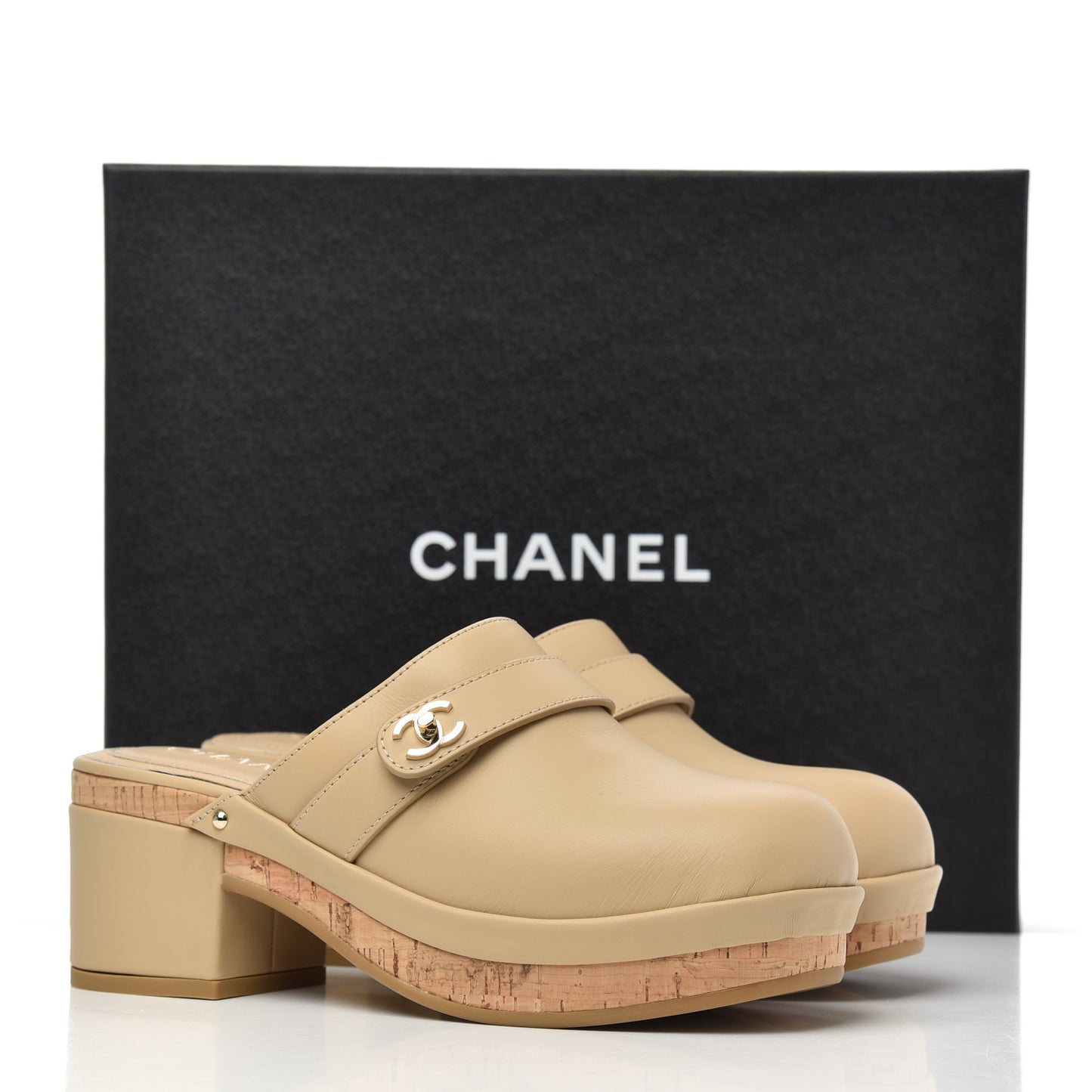 Calfskin CC Turn Lock Clogs 37 Beige