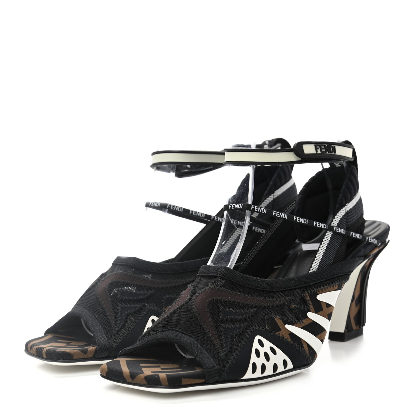 Technical Mesh FF FFreedom Patchwork Low Heel Peep Toe Sandals 40 Tobacco Black Asfalto