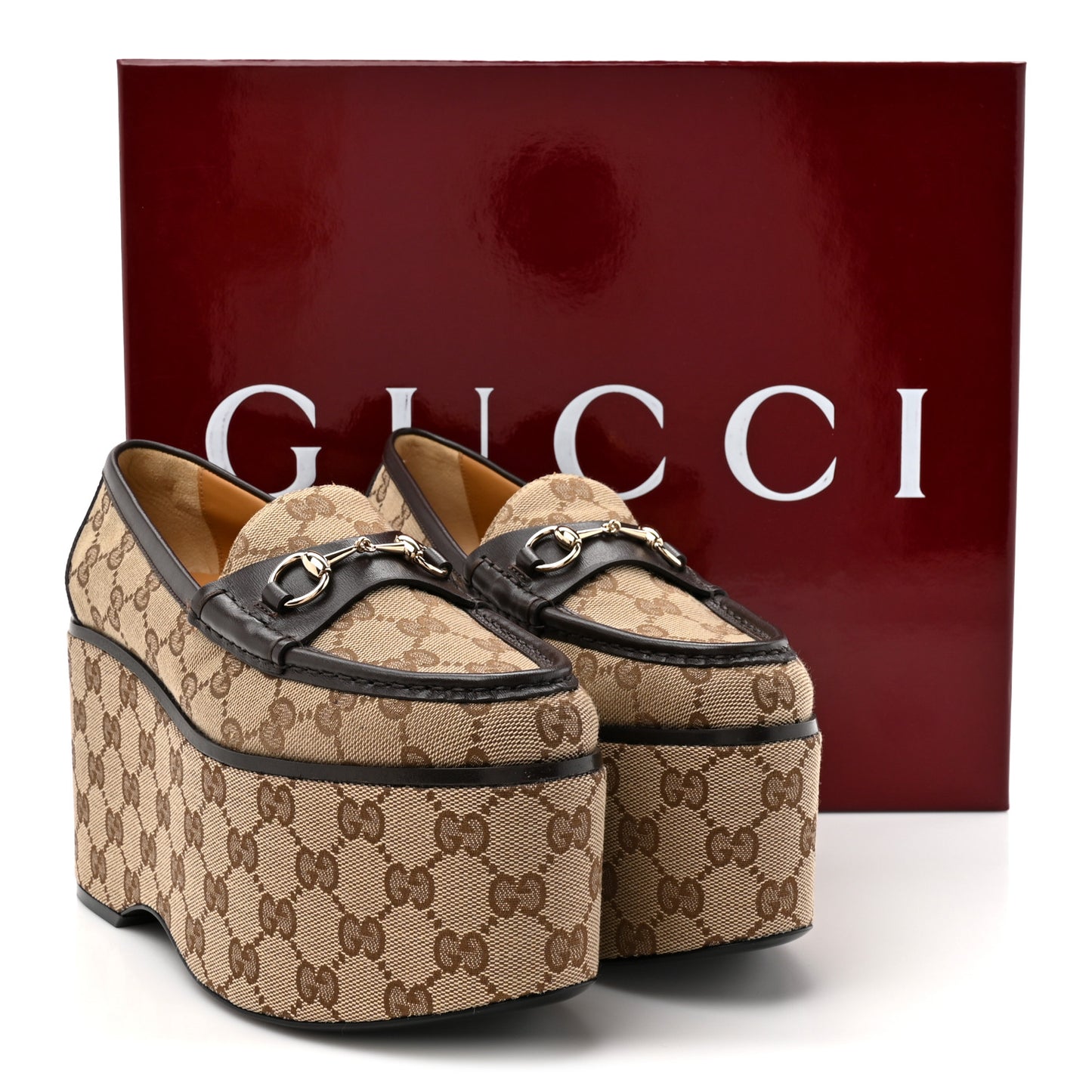 Canvas GG Monogram Horsebit Calfskin Womens Horsebit Platform Loafers 37.5 Beige Ebony Cocoa
