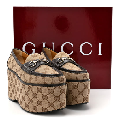 Gucci Canvas GG Monogram Horsebit Calfskin Womens Horsebit Platform Loafers 37.5 Beige Ebony Cocoa 12 of 12