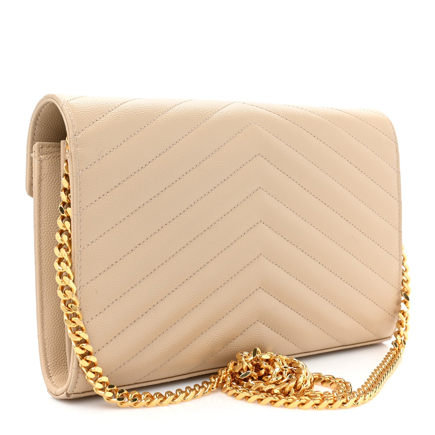 Saint Laurent Grain De Poudre Matelasse Chevron Monogram Chain Wallet Dark Beige 3 of 17