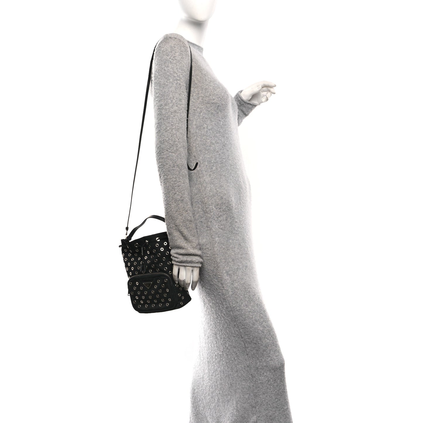 Tessuto Nylon Saffiano Grommets Mini Bucket Crossbody Bag Black