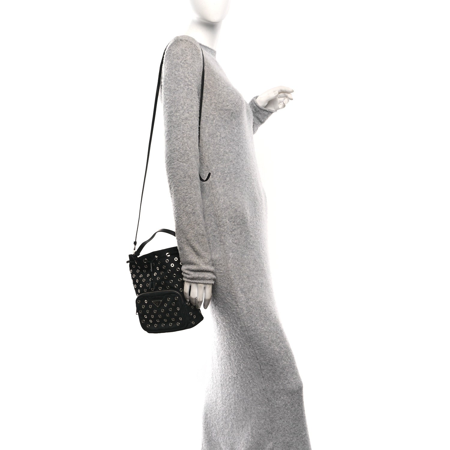 Prada Tessuto Nylon Saffiano Grommets Mini Bucket Crossbody Bag Black 2 of 11