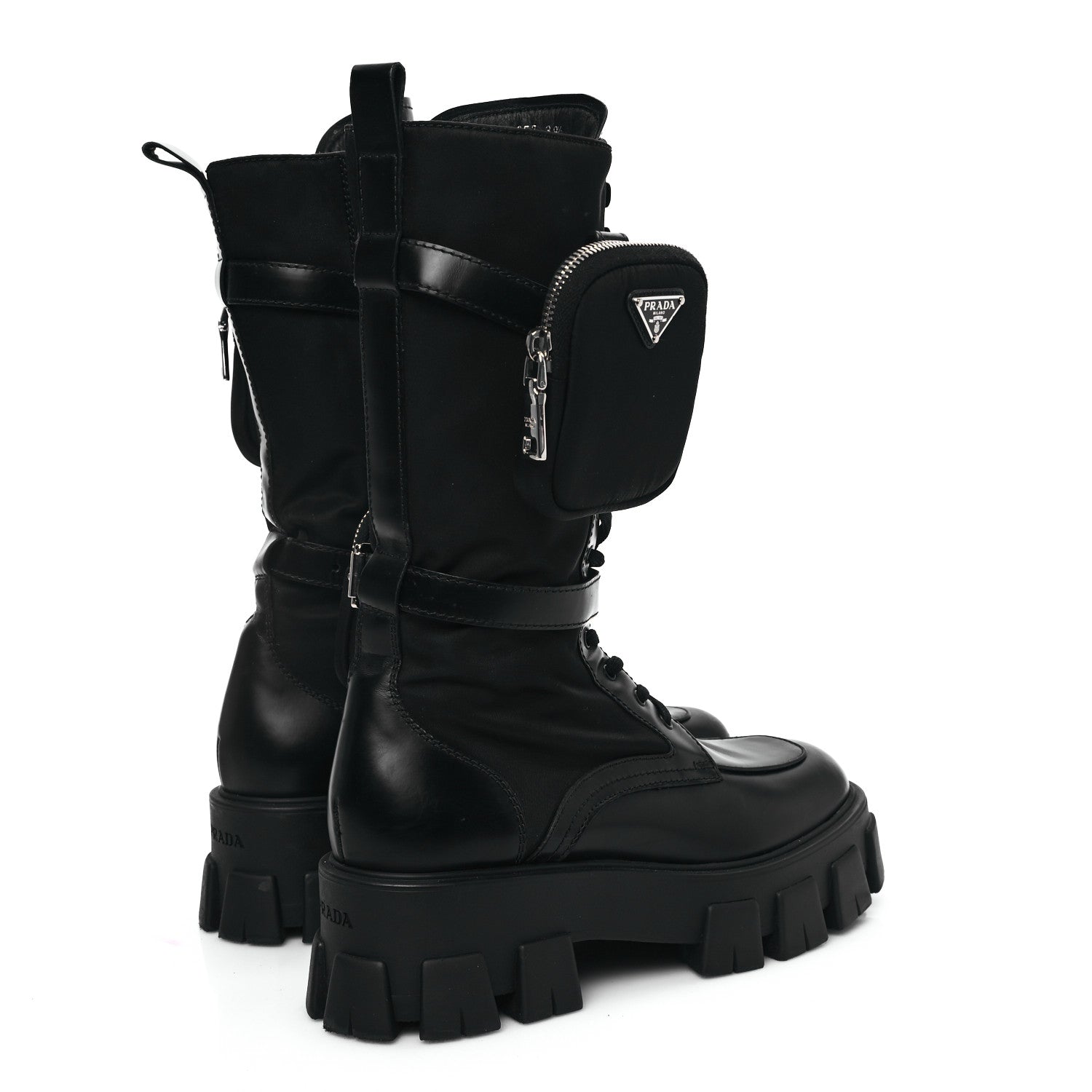 Prada Spazzolato Rois Re-Nylon Metal Triangle Logo Monolith Pouch Pocket 55mm Tall Combat Boots 39.5 Black 4 of 8