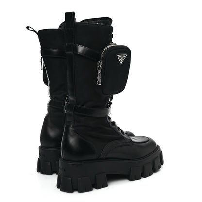 Prada Spazzolato Rois Re-Nylon Metal Triangle Logo Monolith Pouch Pocket 55mm Tall Combat Boots 39.5 Black 4 of 8