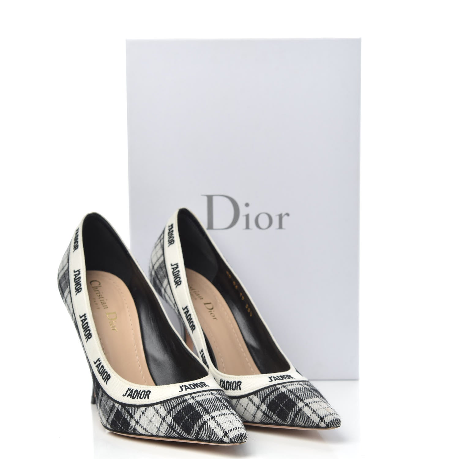 Christian Dior Canvas Ribbon Tartan Print Embroidered J'Adior 100mm Pumps 38.5 Black Off White 11 of 11