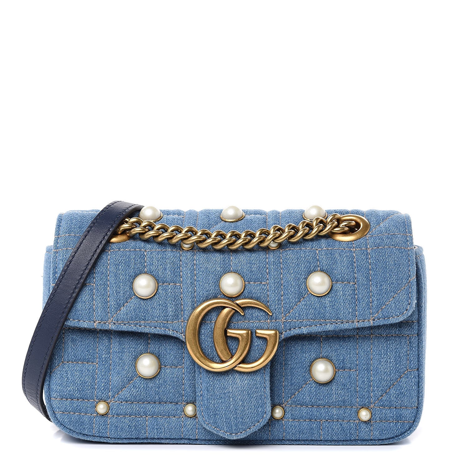 Gucci Denim Matelasse Pearl Studded Mini GG Marmont Shoulder Bag Blue 1 of 11