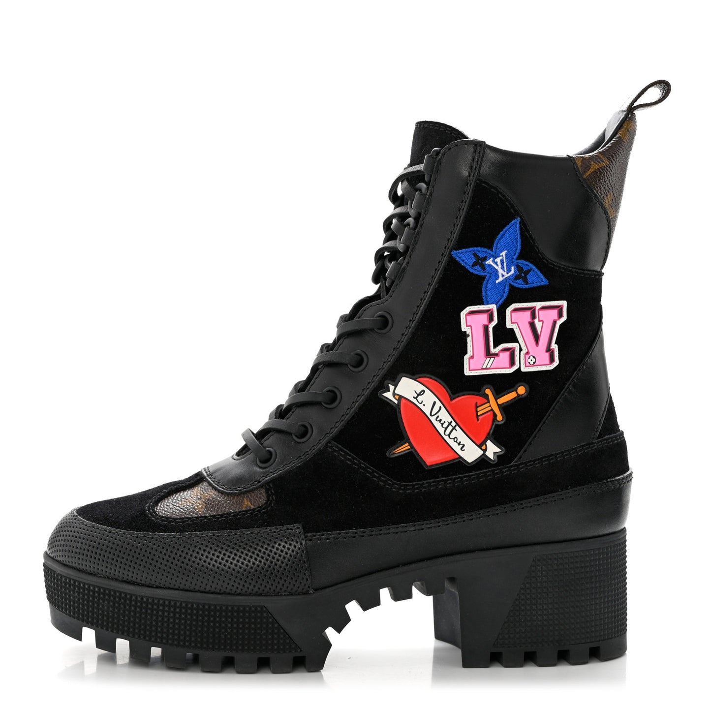 Suede Calfskin Monogram LV Black Heart Laureate Platform Desert Boots 37.5 Black