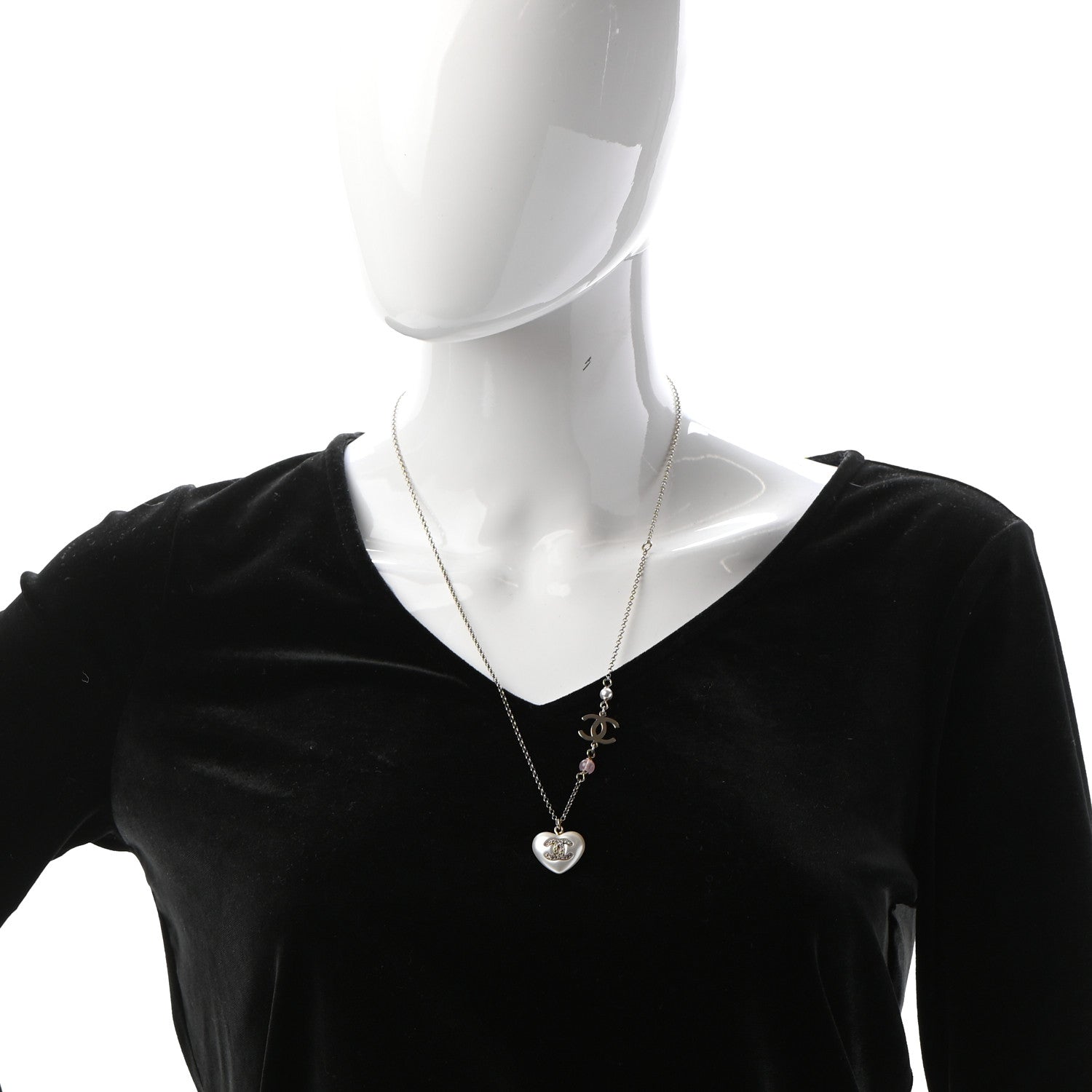 Chanel Resin Crystal CC Heart Necklace Pearly White Gold 2 of 5