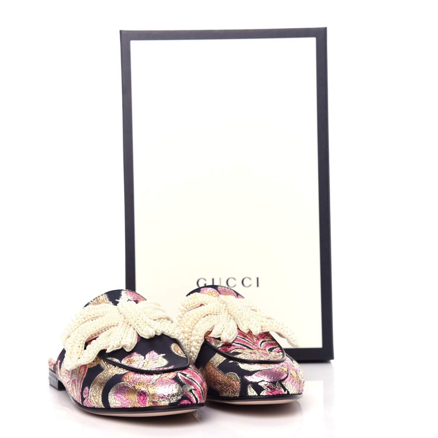 Gucci Iridescent Brocade Pearl Bow Womens Princetown Slippers 37.5 Black Pink 11 of 11