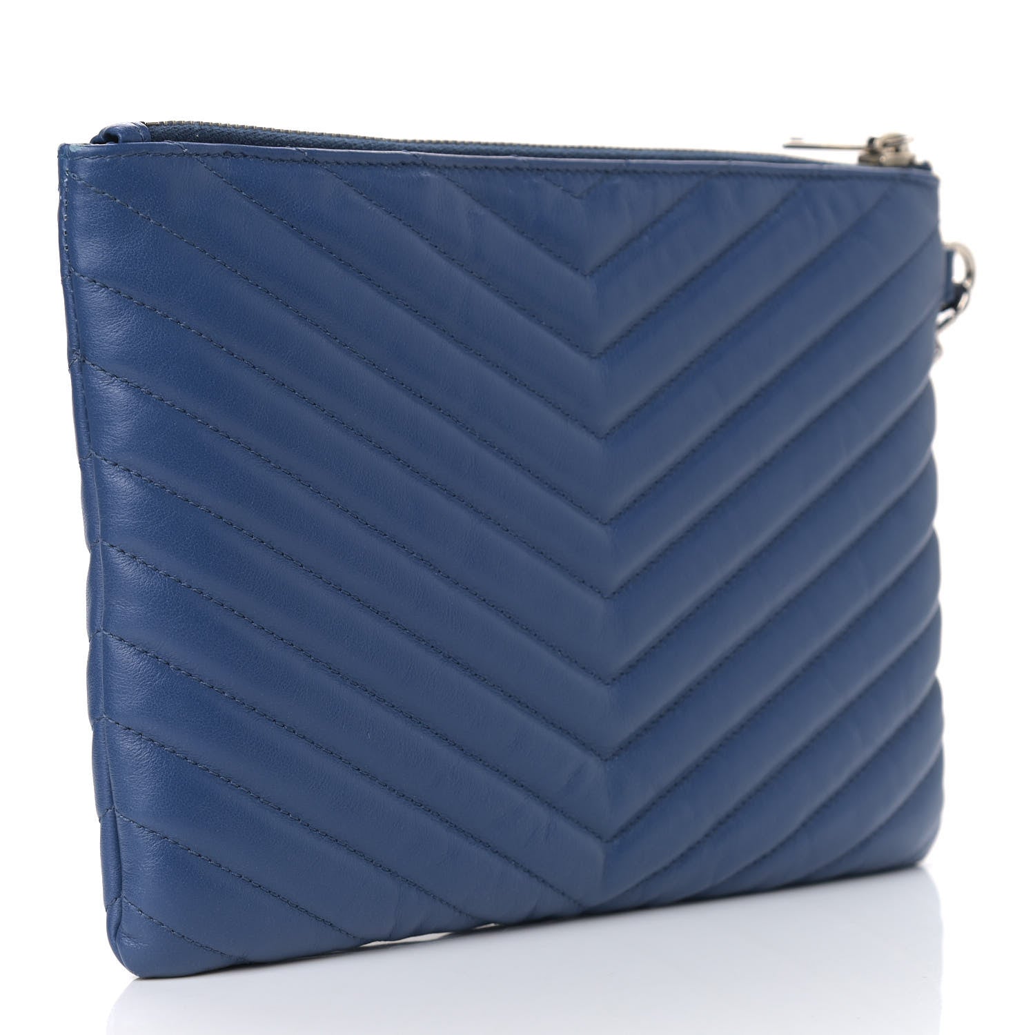 Saint Laurent Calfskin Matelasse Chevron Monogram Zip A5 Pouch Medium Blue 3 of 8