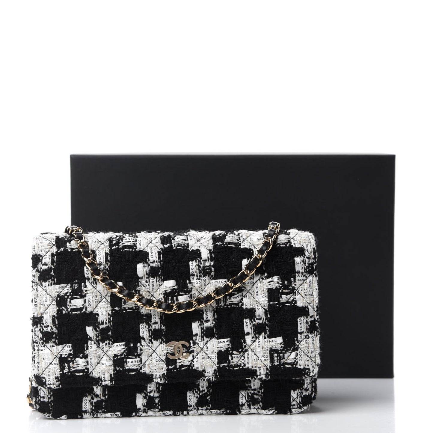 Tweed Quilted Wallet On Chain WOC Black Ecru White