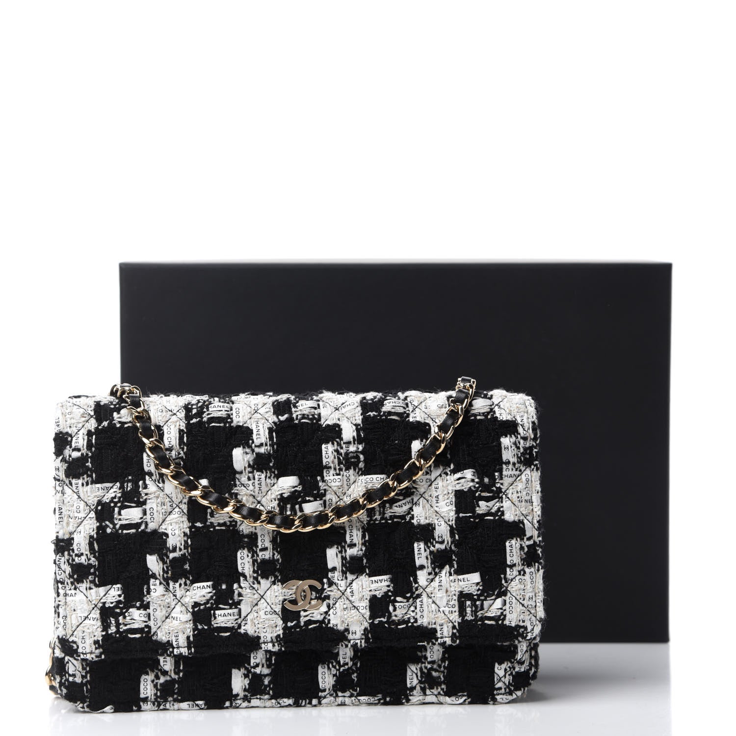 Chanel Tweed Quilted Wallet On Chain WOC Black Ecru White 12 of 12