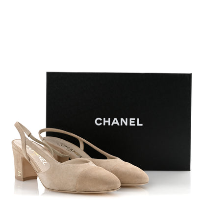 Chanel Suede Cap Toe CC Slingback Pumps 37 Ivory Light Beige 10 of 10