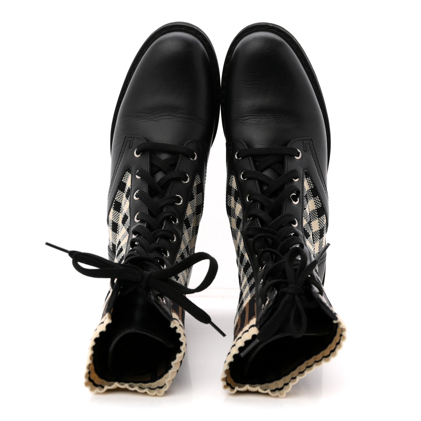 Vitello Stretch Fabric FF Vichy Rockoko Biker Boots 39 Black Crema Tobacco