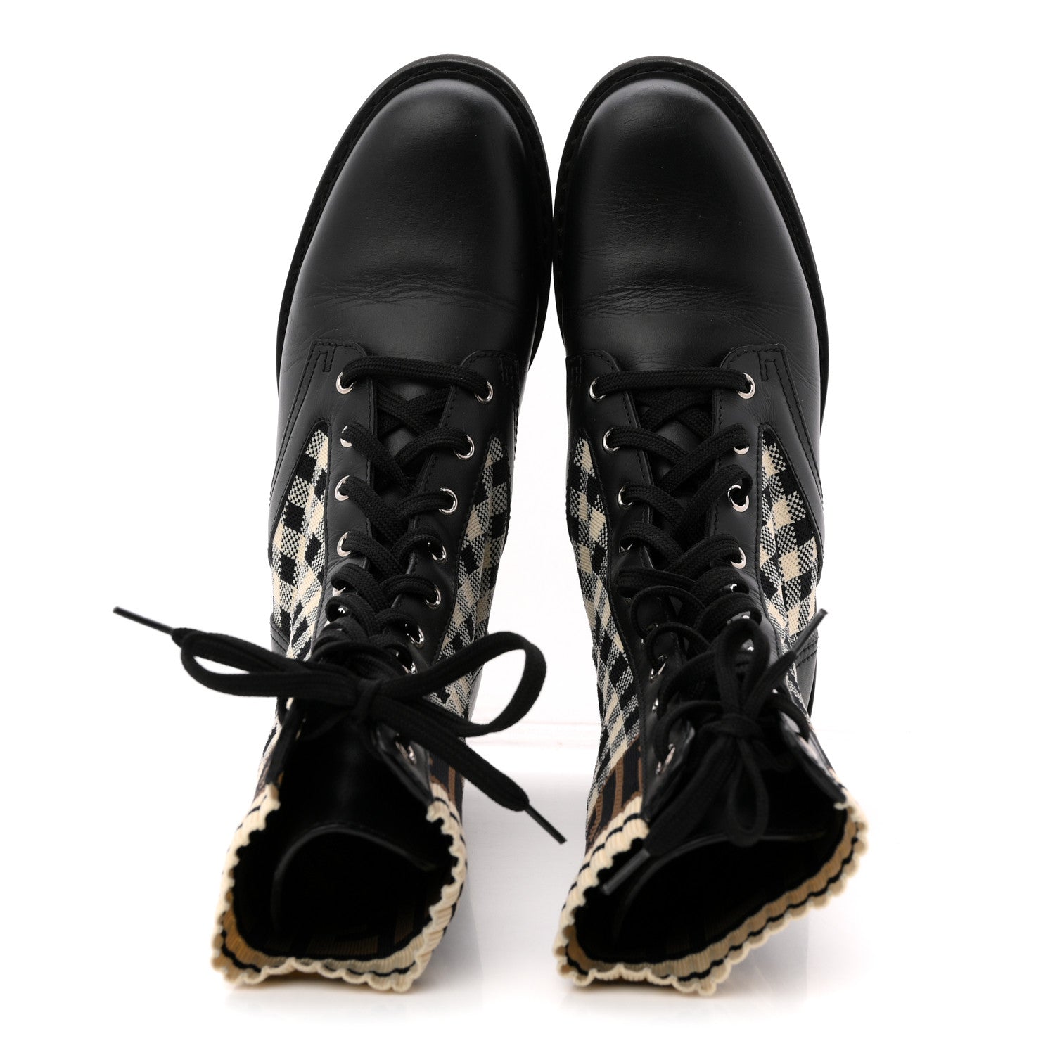 Fendi Vitello Stretch Fabric FF Vichy Rockoko Biker Boots 39 Black Crema Tobacco 2 of 13