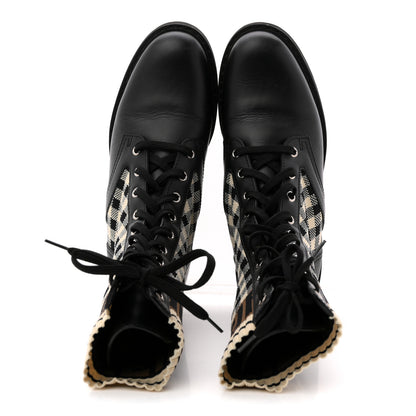 Fendi Vitello Stretch Fabric FF Vichy Rockoko Biker Boots 39 Black Crema Tobacco 2 of 13
