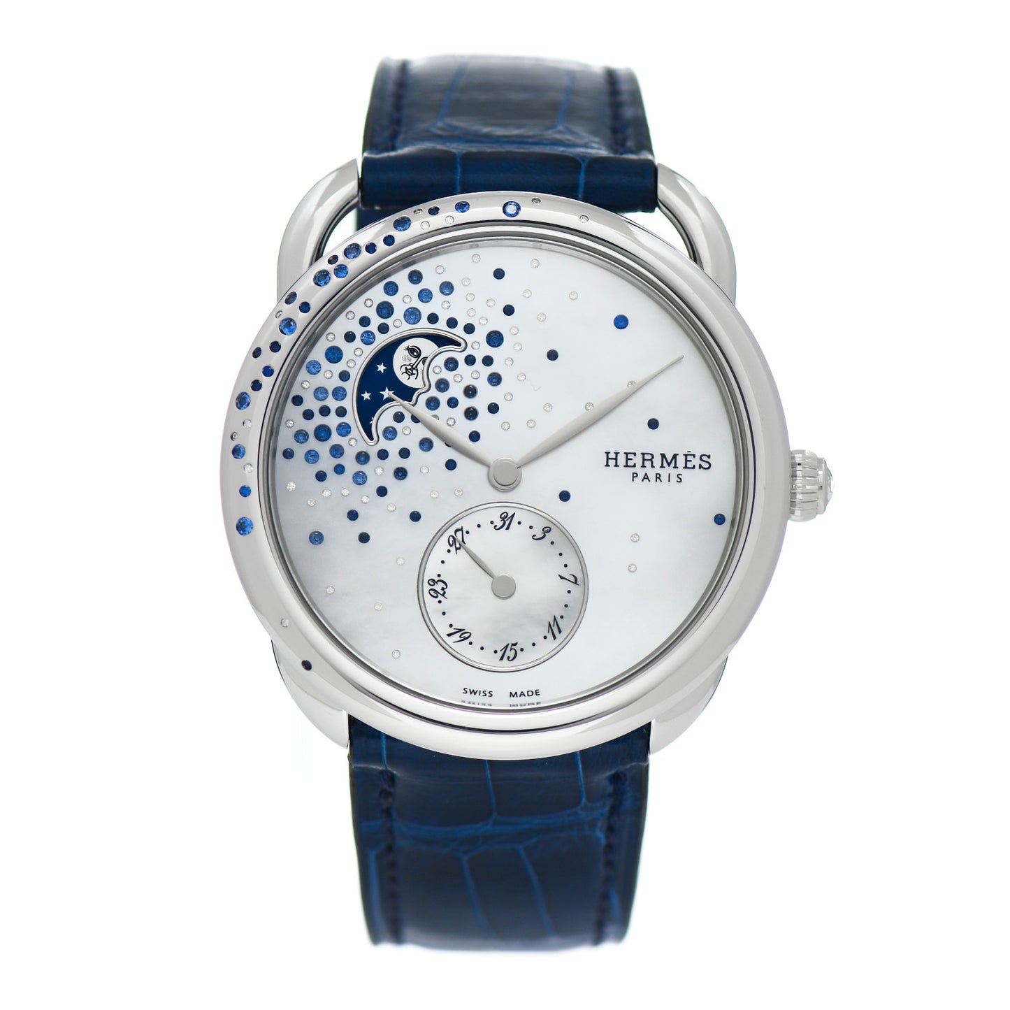 Stainless Steel Alligator Diamond Blue Sapphire Mother of Pearl 38mm Arceau Petite Lune Automatic Watch Bleu Saphir