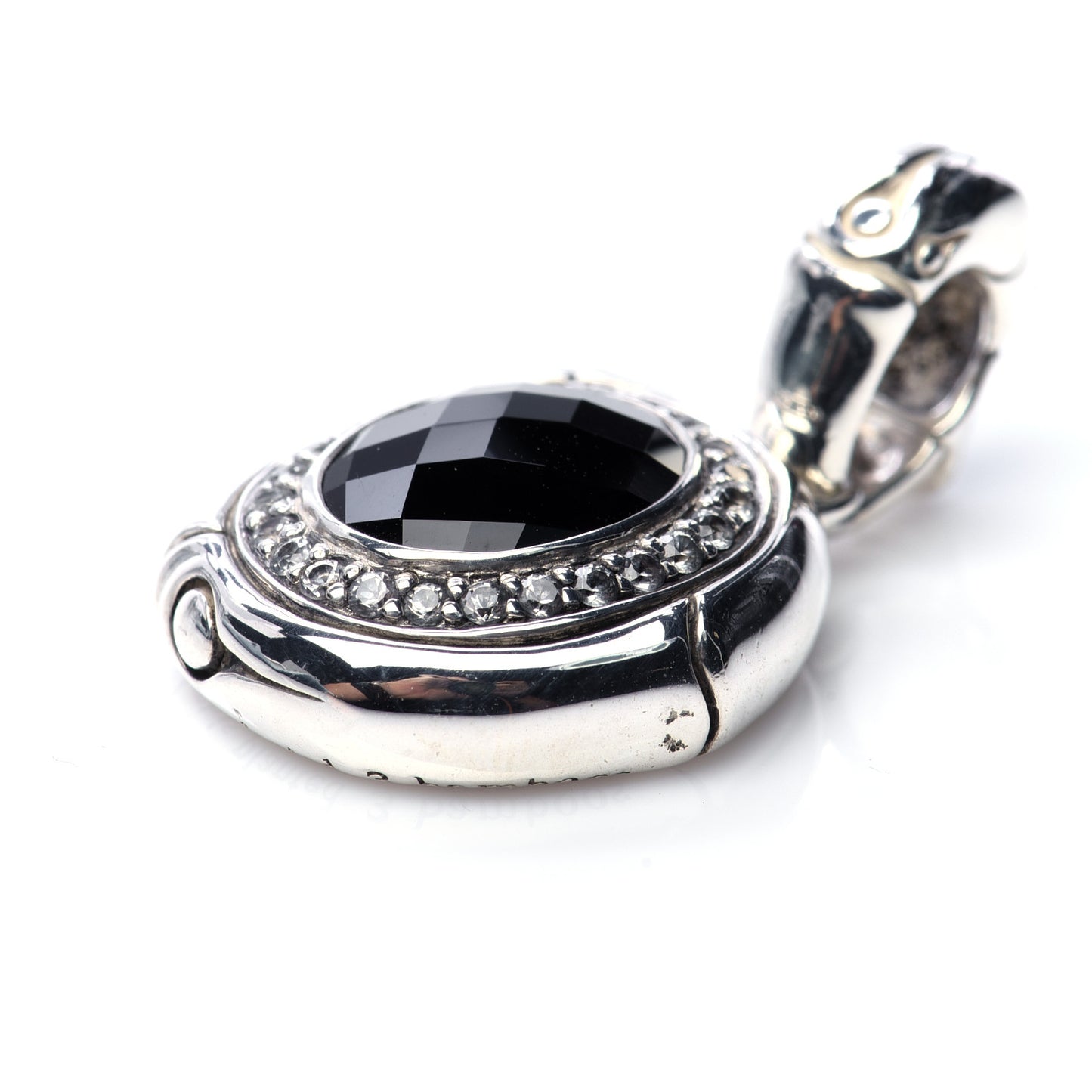 Sterling Silver Black Onyx White Sapphire Bamboo Oval Pendant