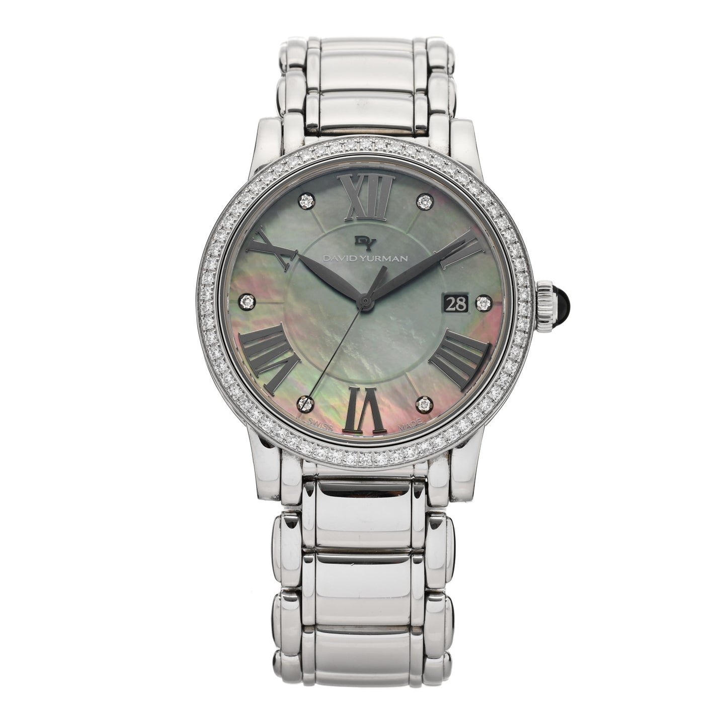Stainless Steel Diamond Bezel Black Mother of Pearl 38mm Classic Quartz Watch