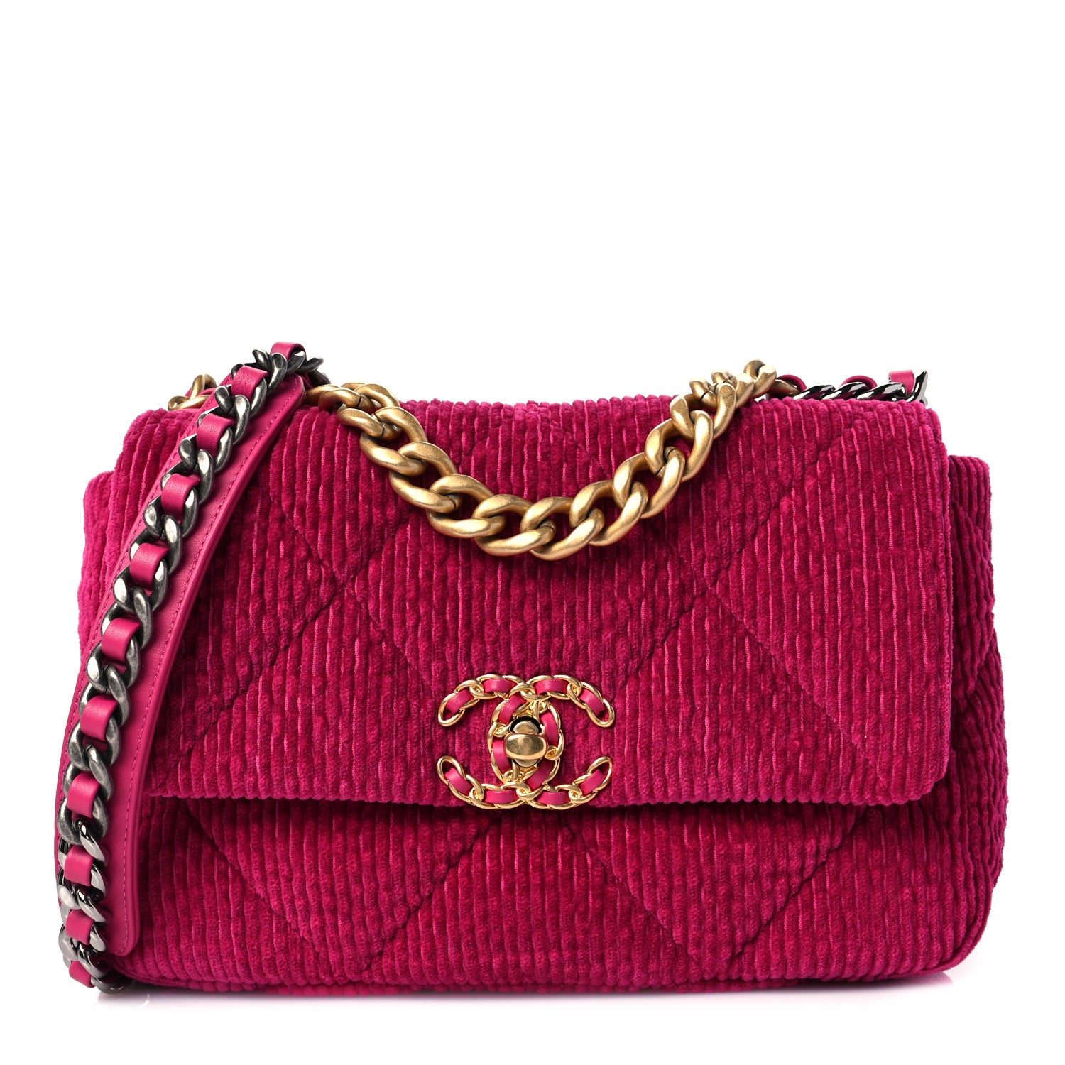 Chanel Corduroy Quilted Medium Chanel 19 Flap Dark Pink 1 of 8