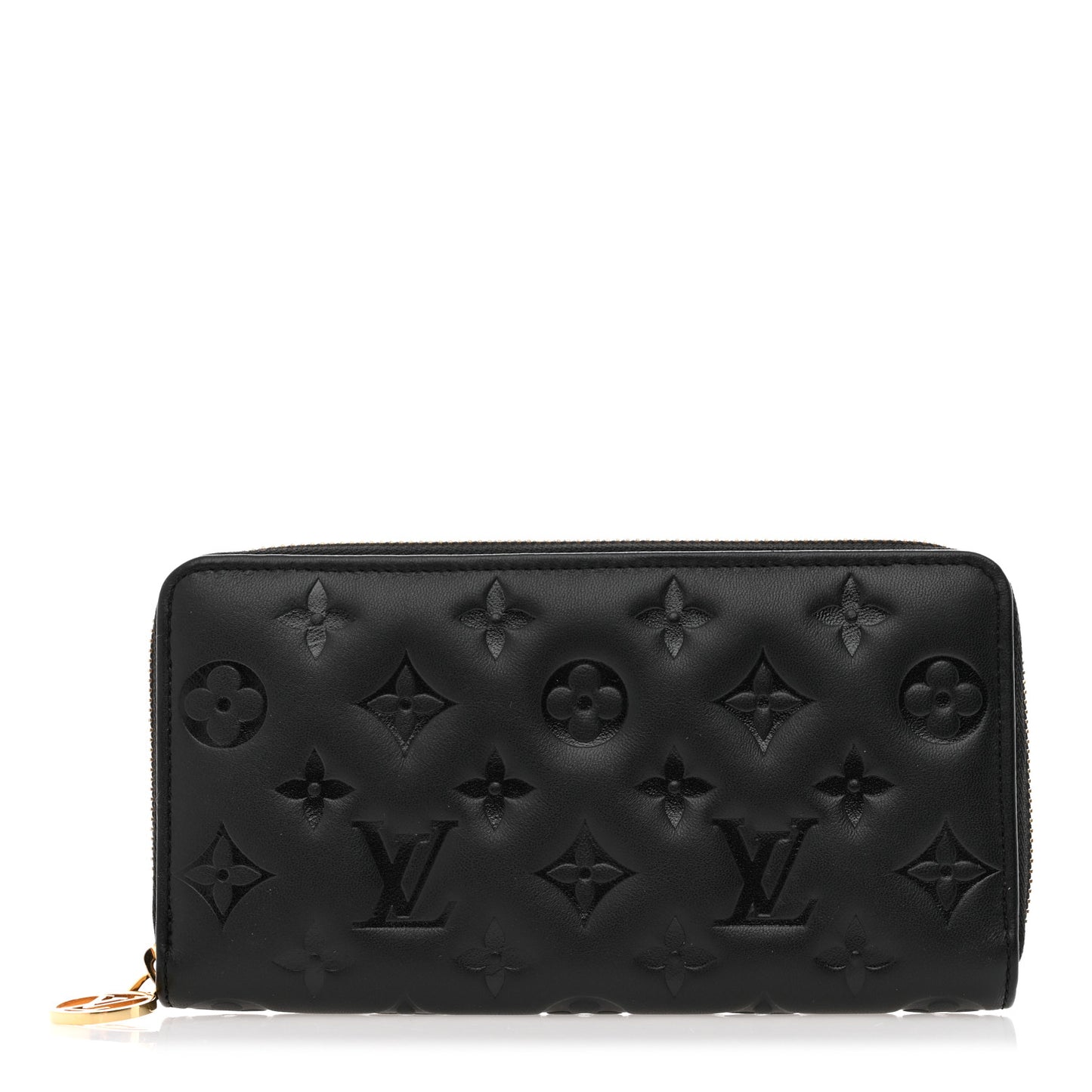 Lambskin Embossed Monogram Coussin Zippy Wallet Black