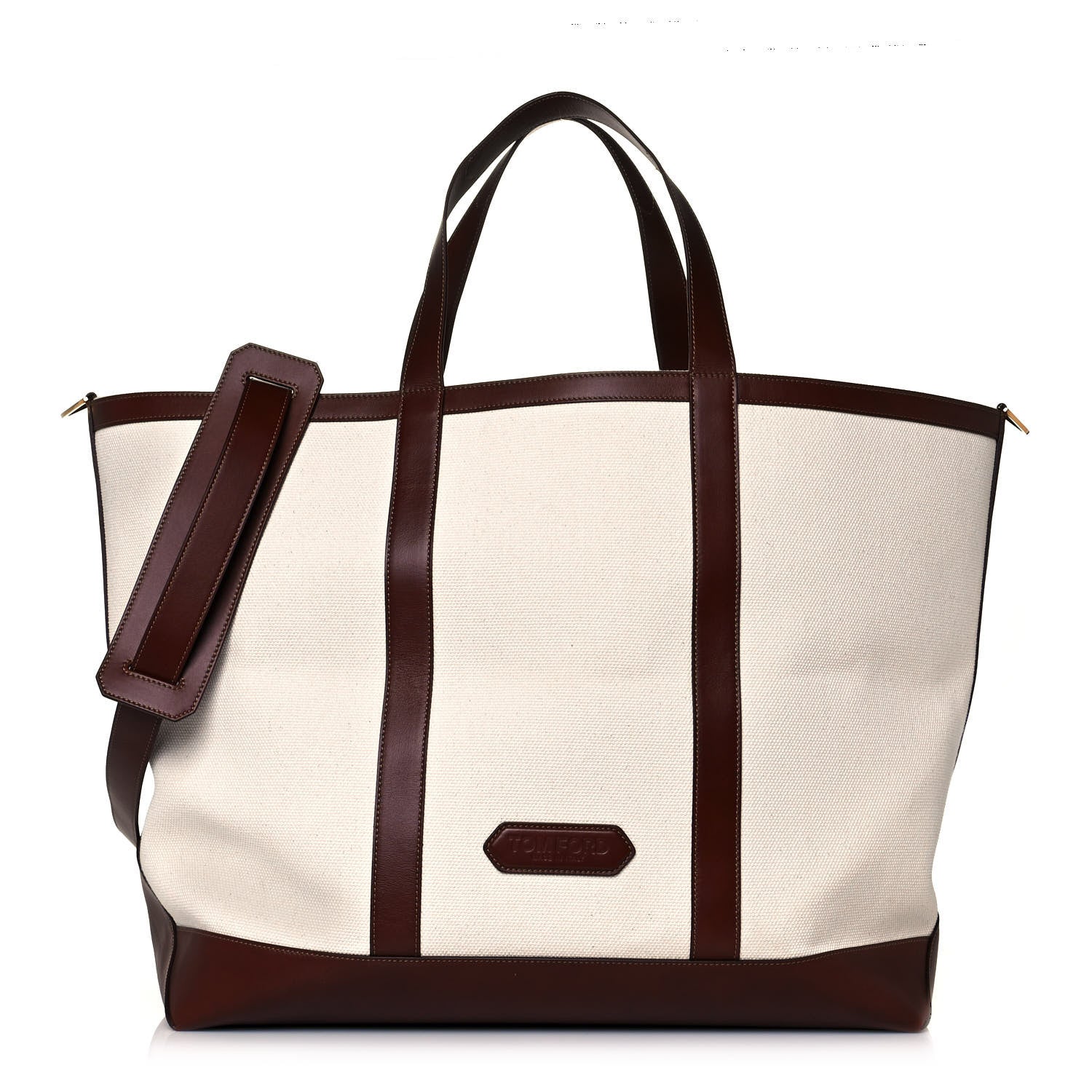 Tom Ford Canvas Calfskin Travel Tote White Brown 1 of 13