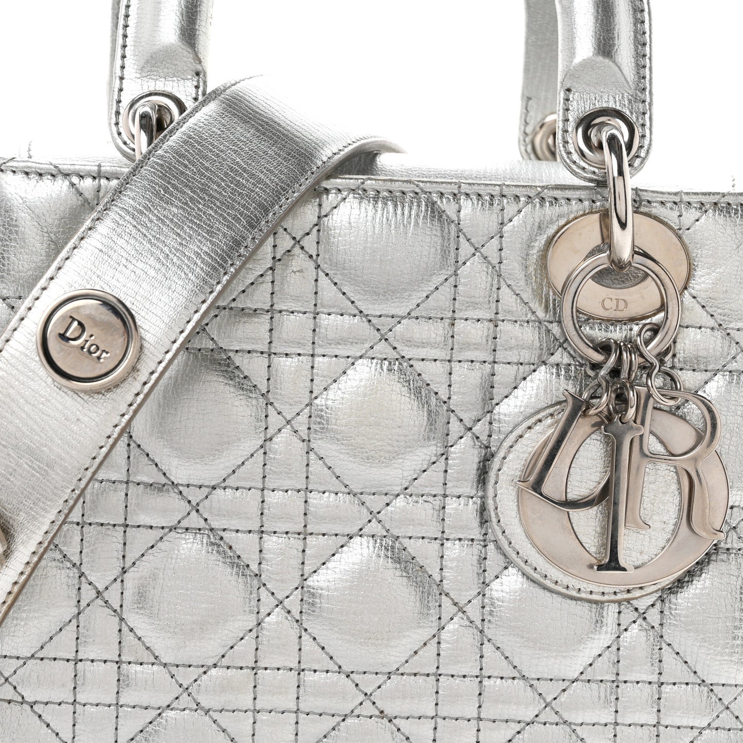 Metallic Grained Calfskin Cannage Small Lucky Badges My Lady Dior Silver