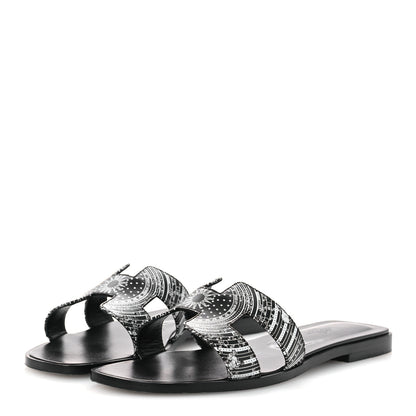 Hermes Calfskin Astrologie Bandana Oran Sandals 38 Black White 5 of 12
