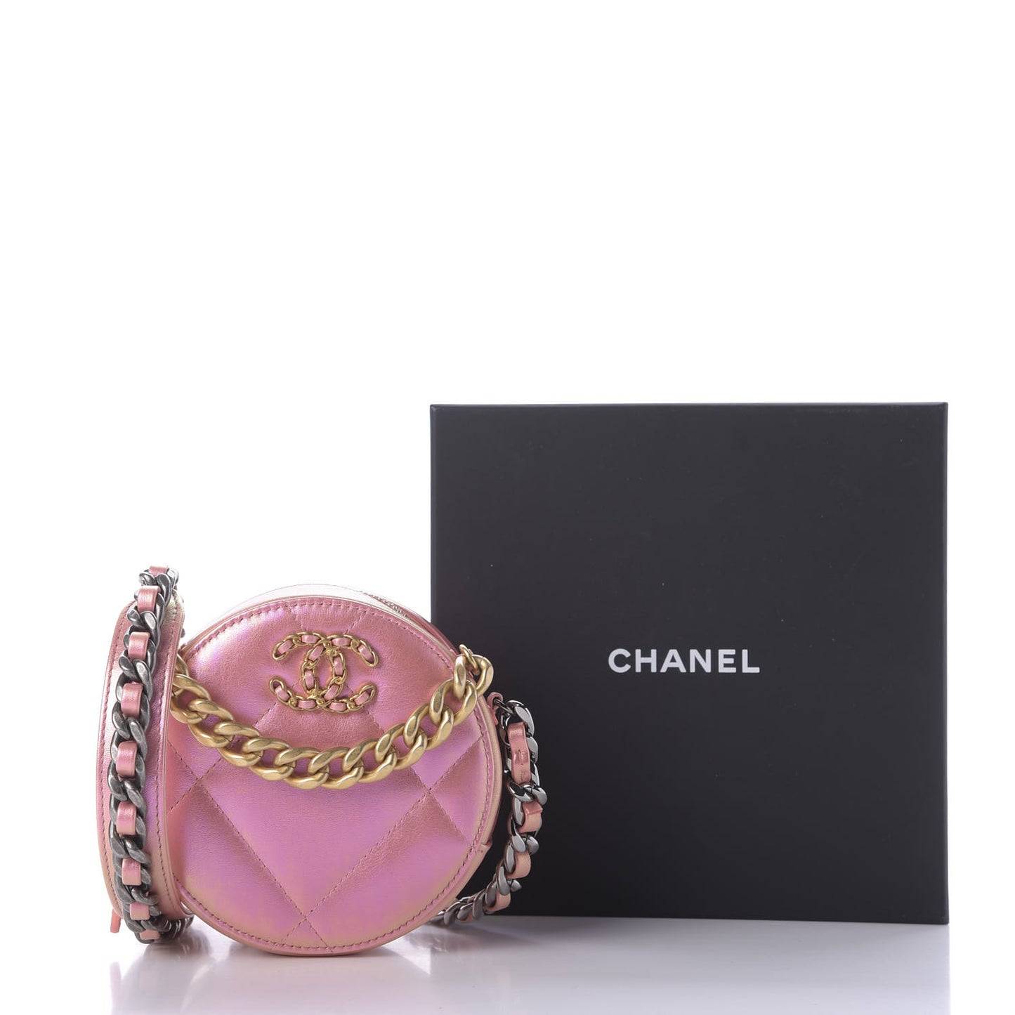 Iridescent Calfskin Quilted 19 Round Clutch With Chain Pink